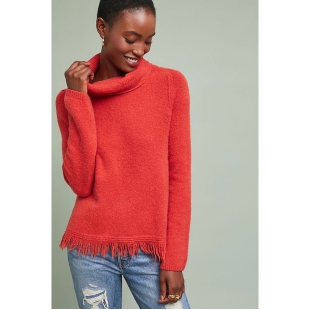 Anthropologie Aruna Sweater Cowl Neck Wool Alpaca Fringe Casual Cozy Orange Med